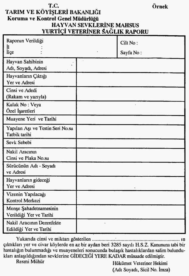 Yurt içi veteriner sa?l?k raporu